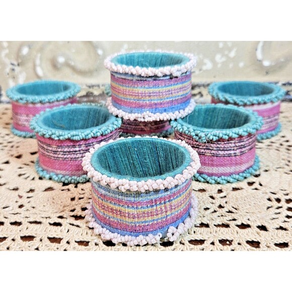 Set 7 Pastels Striped & Plaid Design Beaded Fabric Napkin Rings The Spring Shop - Picture 1 of 5